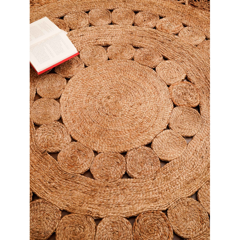 Hand Woven Jute Eco-Friendly Solid Area Rugs - Round, Beige Color, Oriental Design, Low Pile, Natural Fiber, Outdoor Indoor Handmade Area Rugs for Living Room, Bed Room