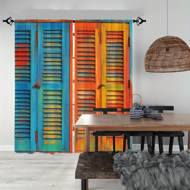 2Pcs Rustic Window Shutter Curtains, Vintage Weathered Wood Grain Textured For Living Room Bedroom Kitchen Office Rod Pocket Drapes, Light Filtering  Curtains