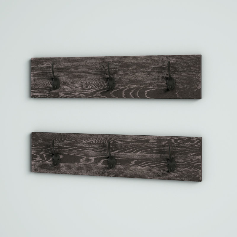 RiverRidge Afton 3-Hook Wall Mount Entryway Organizer Coat Rack Hanger - Weathered Woodgrain and Dark Brown Hooks - 2pc