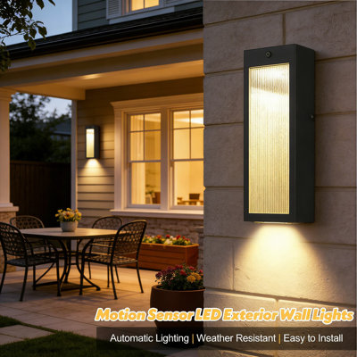 Motion Sensor Outdoor Wall Light With Dusk To Dawn Sensor, Water Ripple Glass Sconce, Integrated LED, Weather-Resistant Exterior Lantern For Porch, Garage, And Front Door