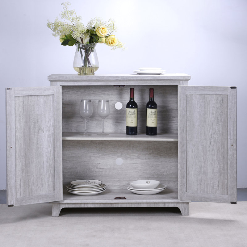 Buffet et buffet gris, tablette réglable, grain de bois 3D, polyvalence dans plusieurs pièces, idéal pour un décor de salle à manger spacieux avec portes miroir décoratives, zones d'entrée