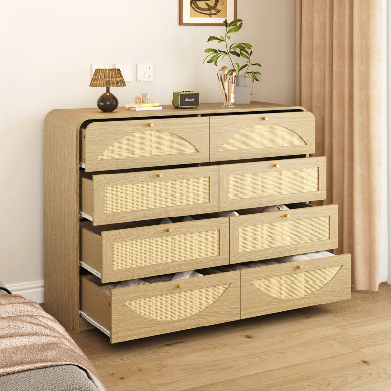 Commode 8 tiroirs avec façade en rotin, commode à panneaux de particules larges, armoire de rangement moderne en bois pour le salon de la chambre à coucher