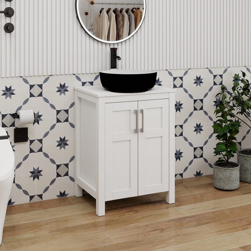 Kreutzer 24.4'' Single Bathroom Vanity with Manufactured Wood Top, White, Black/White, Circular