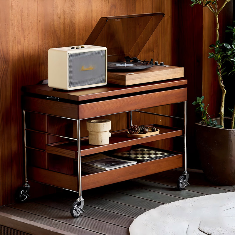 Vintage brownish solid wood height - adjustable mobile side table with storage function
