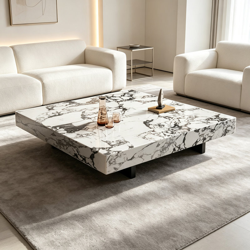 Table basse Italian Minimalist, 11.81" H x 31.49" W x 31.49" D, White/Black/Grey