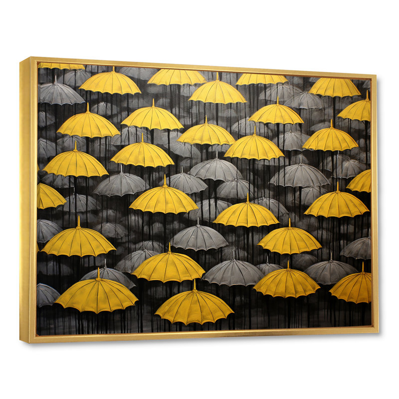 Ciel de parapluies jaunes et gris Tranquility I sur toile, Cadre flottant doré, H 12 po x l 20 po x P 1 po