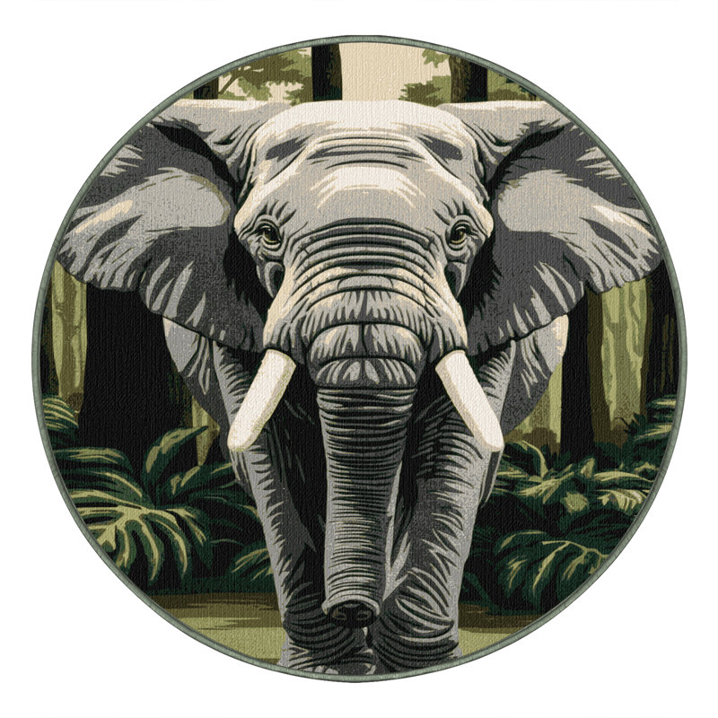  Tapis lavable avec éléphant de la forêt d'Afrique, Rond 3 pi