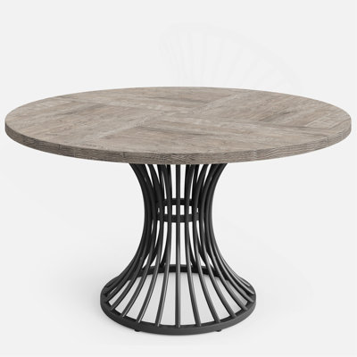 47" Farmhouse Round Dining Table For 4-6 – Industrial Dinner Table With Hourglass Metal Pedestal Base, Large Kitchen & Dining Room Table, Modern Rustic Style – Grey Wood Finish (Table Only)