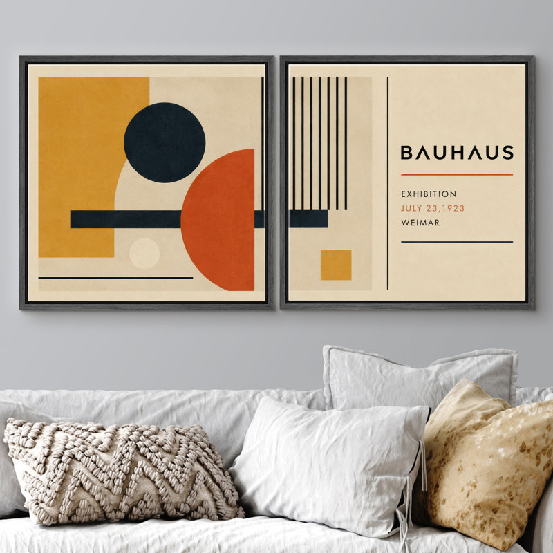 Bauhaus, ensemble de composition géométrique rétro, reproduction d'art sur toile encadrée, 2 pièces, 16" H x 16" W x 1.5" D