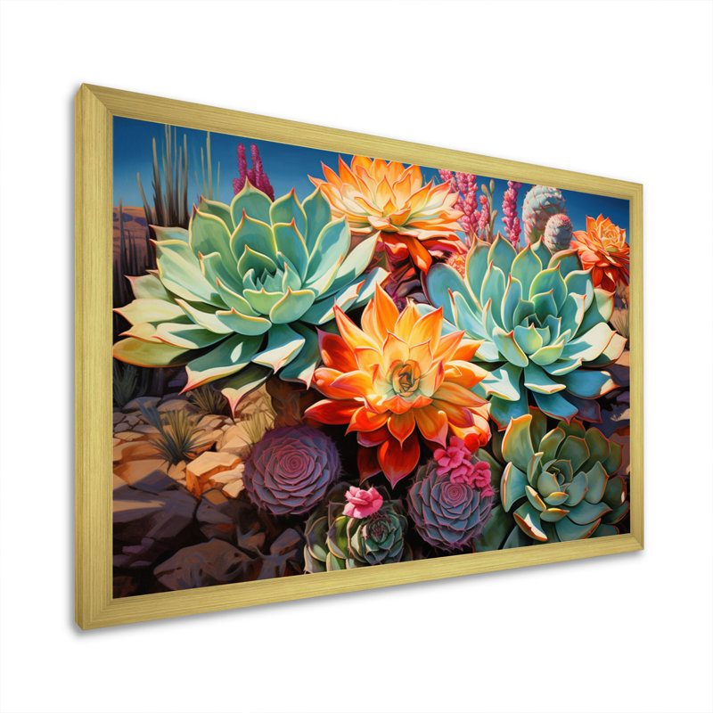 Succulentes vertes, orange, fleurs du désert II, Cadre doré simple, H 12 po x l 20 po x P 1 po
