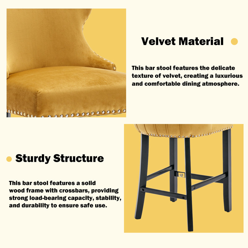 Modern Solid Wood Velvet Upholstered Bar Stools (Set of 4), Yellow
