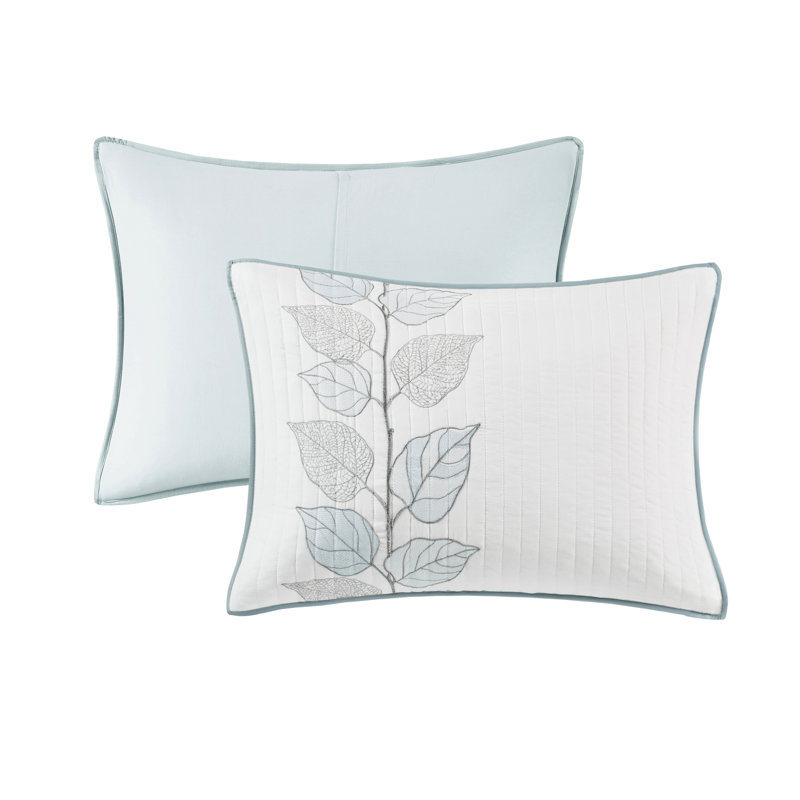 Courtepointe brodée 6 pièces très grand / très grand, microfibre bleue et blanche, réversible avec doux, broderie classique de feuille blanche, microfibre réversible, dos, captivation