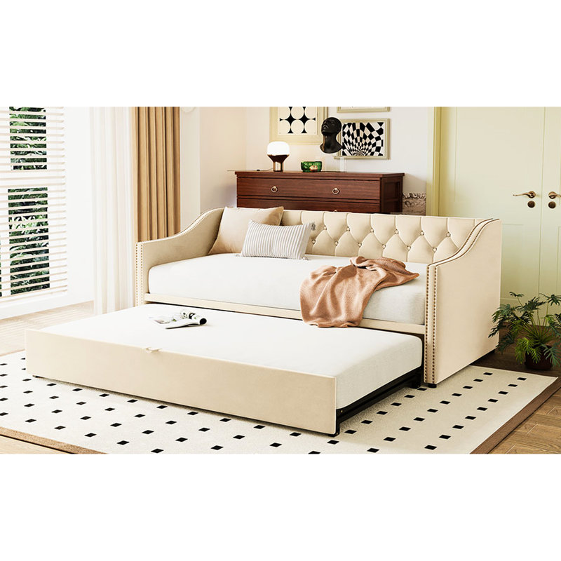 Lit de jour simple beige avec lit gigogne escamotable - Lit multifonctionnel pour toute occasion, Beige
