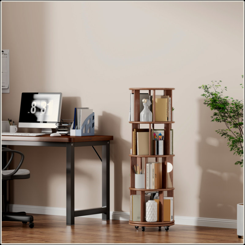 100% Solid Wood 360° Rotating Bookshelf, 4-Tier Round Revolving Book Tower with Wheels, Narrow Rolling Shelf for Small Space, Corner, Bedroom & Office