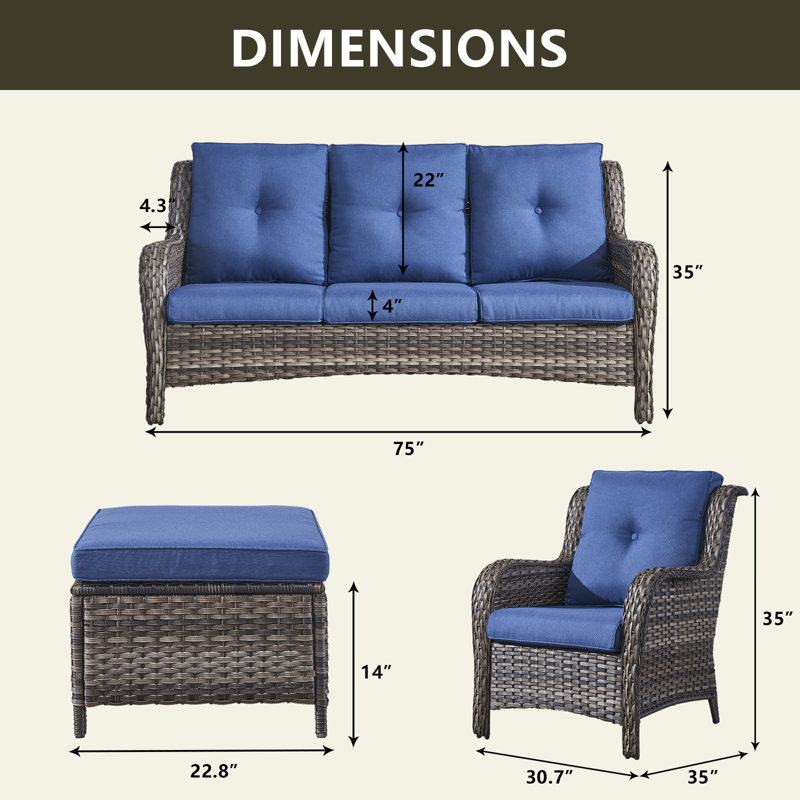 5 - Person Patio Conversation Set with Cushions, Blue, Gray