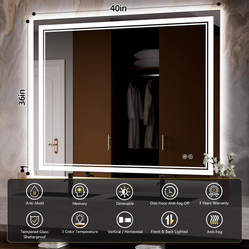 Chrisna UL Certified LED Bathroom Vanity Mirror, Front & Backlit, Anti-Fog Tempered Glass with 3-Year Warranty, 40"×36"