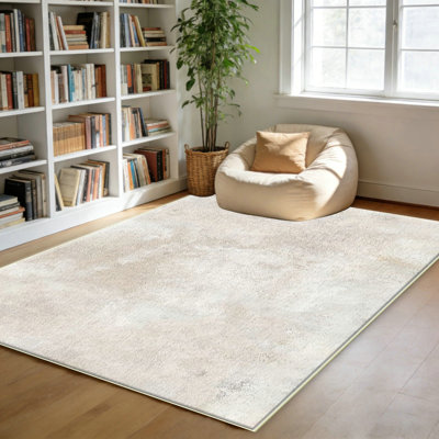 Tapis lavable 8 x 10 - Tapis de salon 8 x 10 antisalissure, tapis de chambre imprimé à envers antidérapant, tapis pliable lavable à la machine (8 pi x 10 pi, beige)