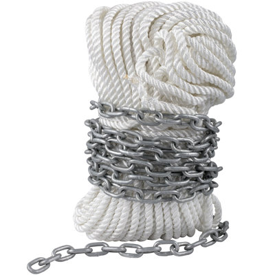 Anchor Rode and Chain, 15' x 5/16" Boat Anchor Chain, 1/2" x 200' Nylon Rope, 2.2T Chain Tension Galvanized Steel Chain, Windlass-Grade Three Strand Twist Nylon, Anchor Chain for Boats, Ships