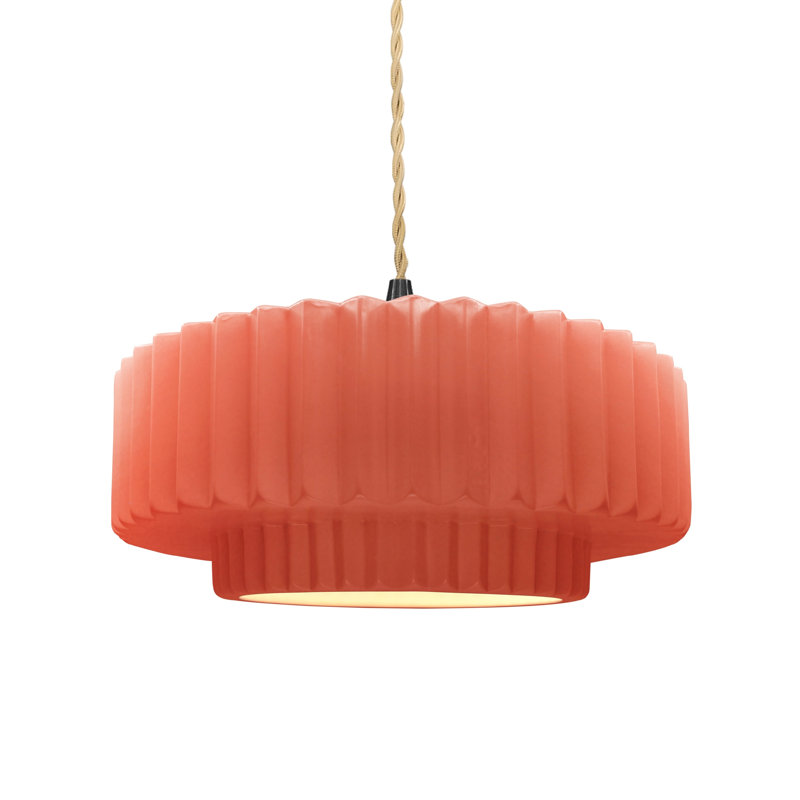 Luminaire suspendu tambour en céramique et en métal 1 lumière Gela, H 5,25 po x l 14,5 po x P 14,5 po, Rosé brillant
