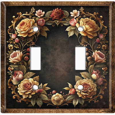 Metal Light Switch Plate Cover; US Standard Size 2 Gang Toggle - Vintage Rose Wreath