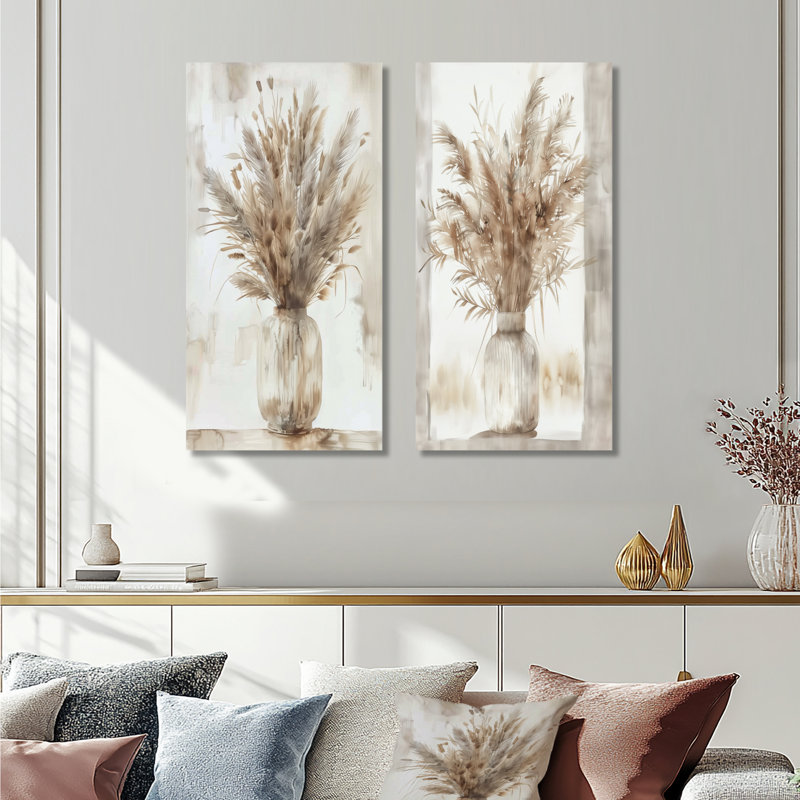 «Beige White Boho Plant Chic I», ensemble d'art mural en métal 2 pièces, 32" H x 32" W