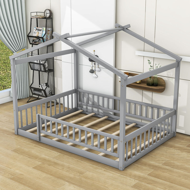 Vonie Wood Daybed with Roof and Slats, Gray, Full/Double
