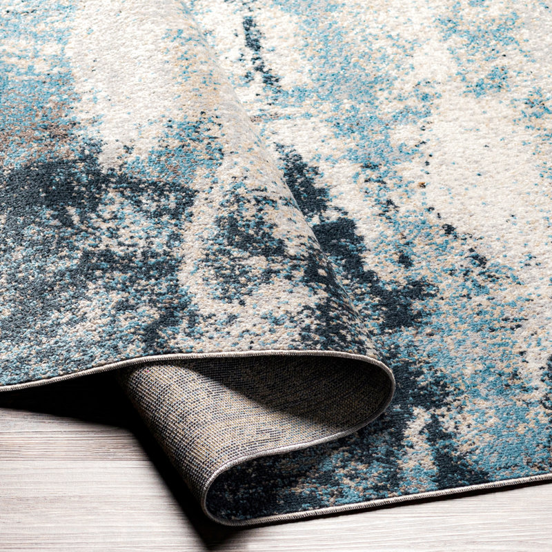 Stuckey Abstract Machine Woven Blue/White Area Rug, Rectangle 6'7" x 9'