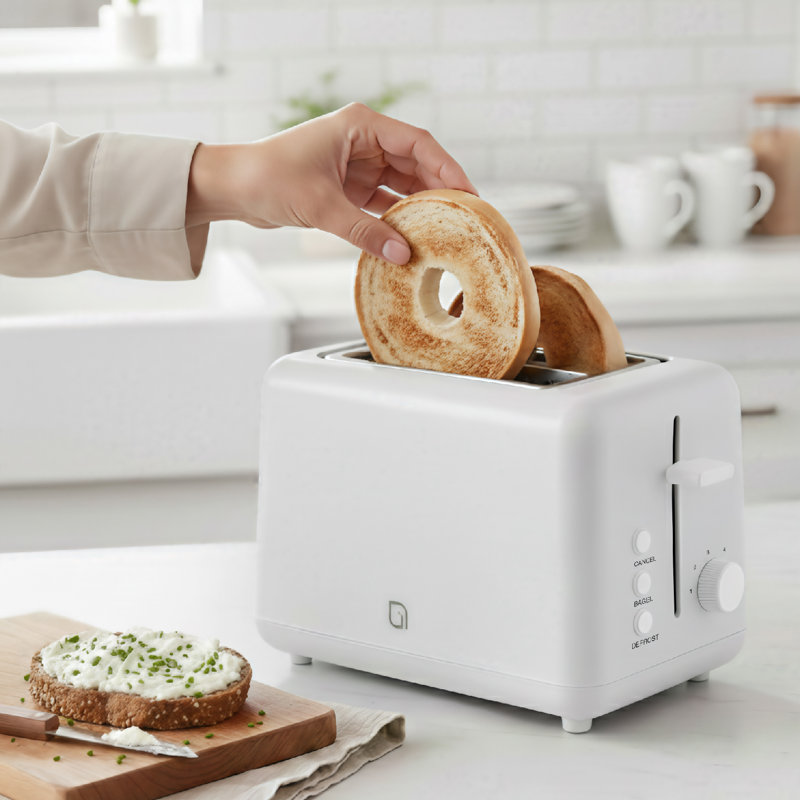 Grille-pain à 2 tranches avec fentes larges Willow Kitchen - parfait pour les bagels grillés, conception compacte, plateau à miettes - Blanc