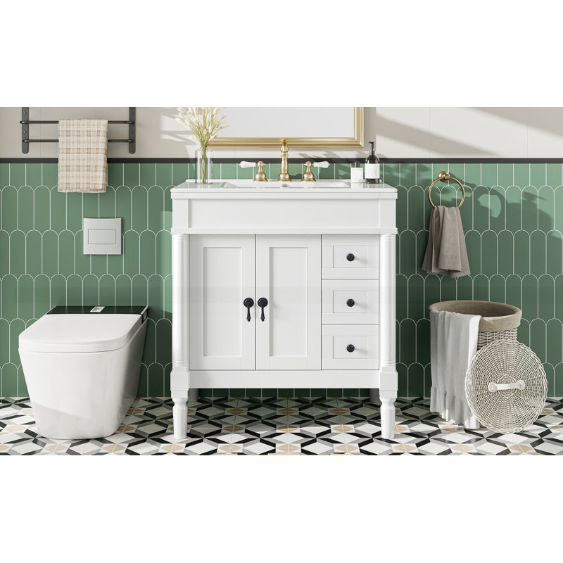 Meuble-lavabo moderne de 30 pouces avec 2 portes et 3 tiroirs, Blanc