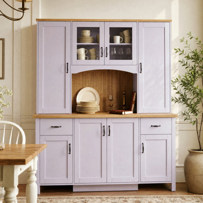 66.9" W Large Kitchen Pantry Cabinet with Hutch, Glass Doors, 2 Drawers & Adjustable Shelves