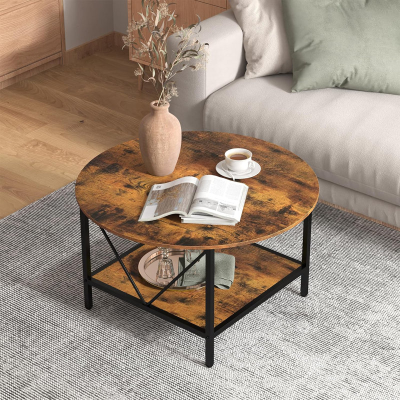 Krystaline 31.5" Coffee Table, 2-Tier Open Storage, Round Coffee Table, Brown Top/Black Base
