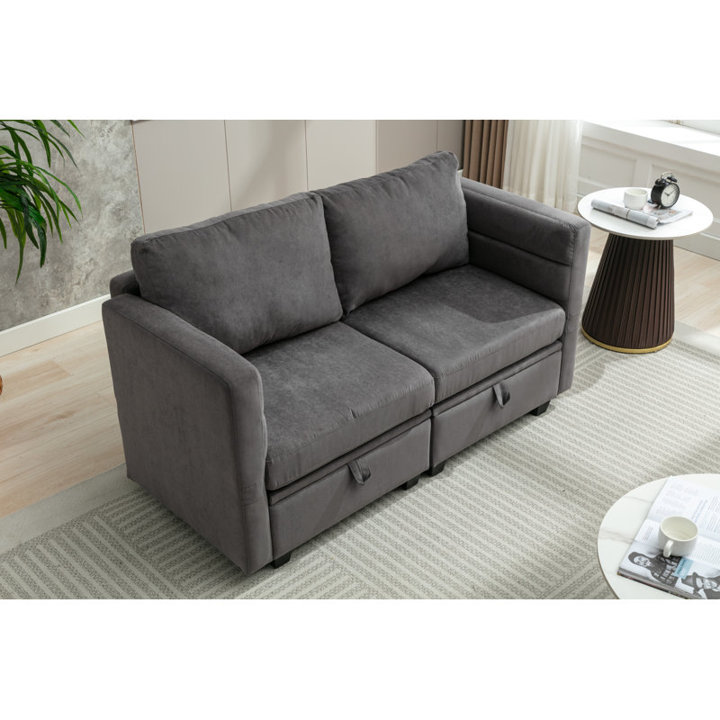 Calkins Loveseat Modular Sofa With Storage Seat, Adjustable arms&backrest, Gray