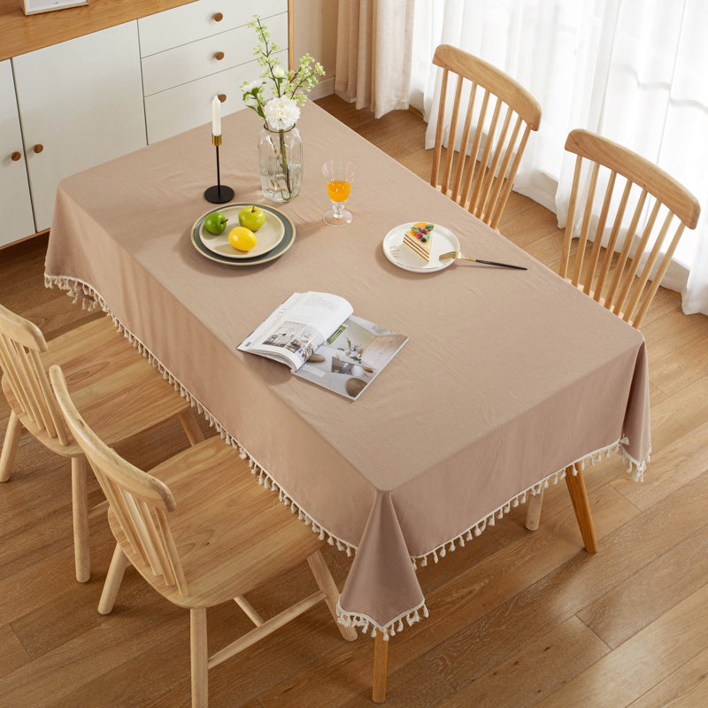 High Quality Washable Cotton Wrinkle Free Tablecloth With Tassel, 86" L x 55" W, Brown