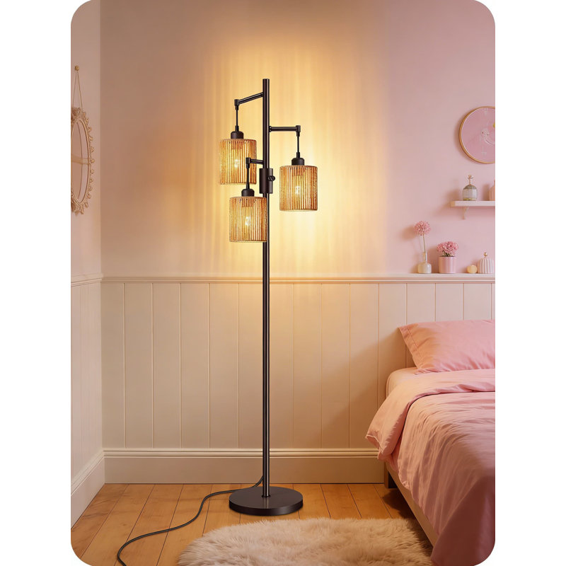 Farmhouse Floor Lamp With 3 Rope Woven Shades, 70.3 Inch Tall Dimmable Standing Tree Lamp, Includes 3 LED Bulbs For Living Room, Bedroom, Office, Bohemian Rattan Style Lighting