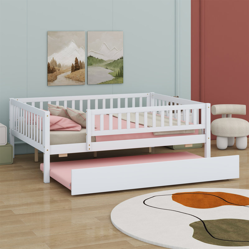 Daybed With Trundle And Fence Guardrails, White