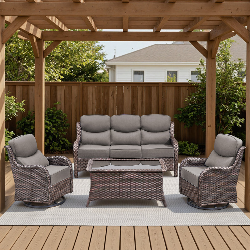 Outdoor Patio Wicker Sofa Conversation Set With Swivel Chairs And Coffee Table, Brown, Gray