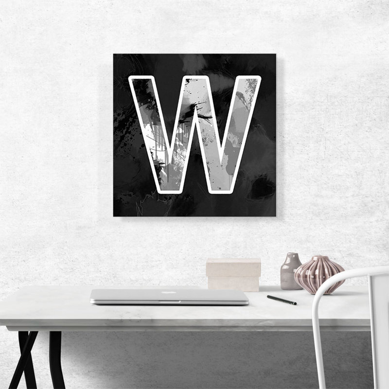 Art moderne noir et blanc, lettre W - reproduction d'art textuel sur toile tendue, H 18 po x l 18 po x P 0,75 po