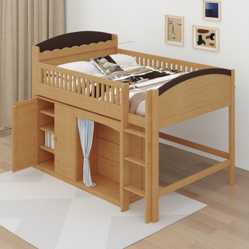 Loft Bed With Storage Wardrobe & Cabinet, Solid Wood Mid Century Modern Loft Bed With LED,Storage & Ladder, Guardrails