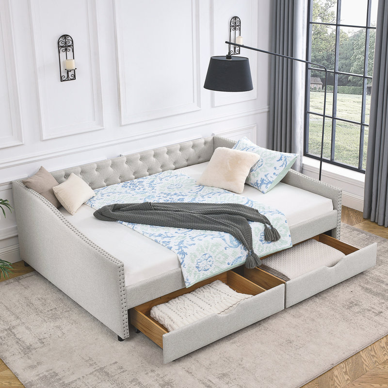 Daybed With Drawers Upholstered Tufted Sofa Bed, Beige, Queen