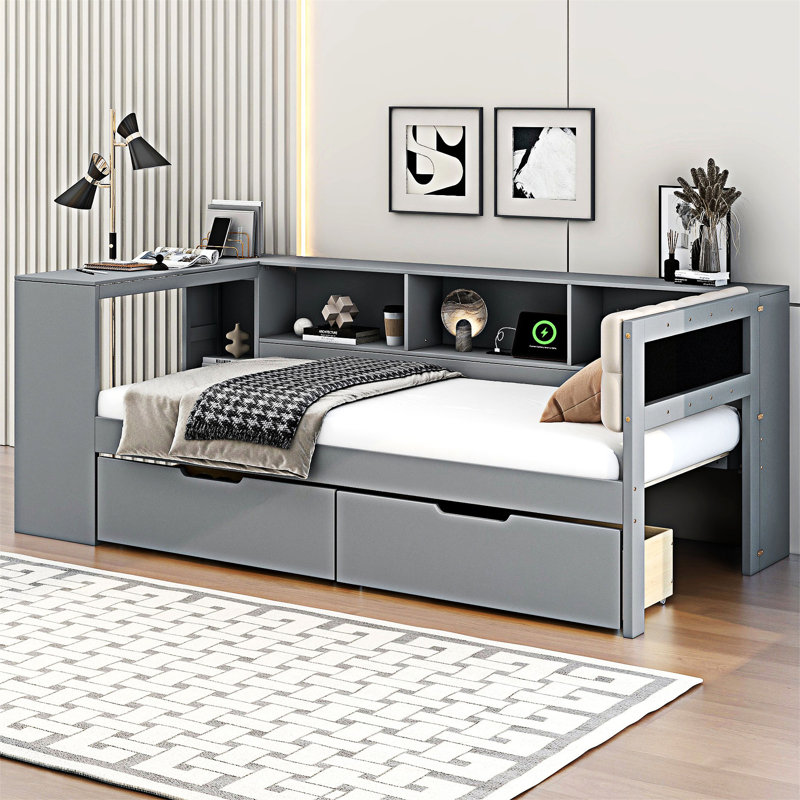 Lit plateforme en bois avec rangement et station de charge, Simple, Crème