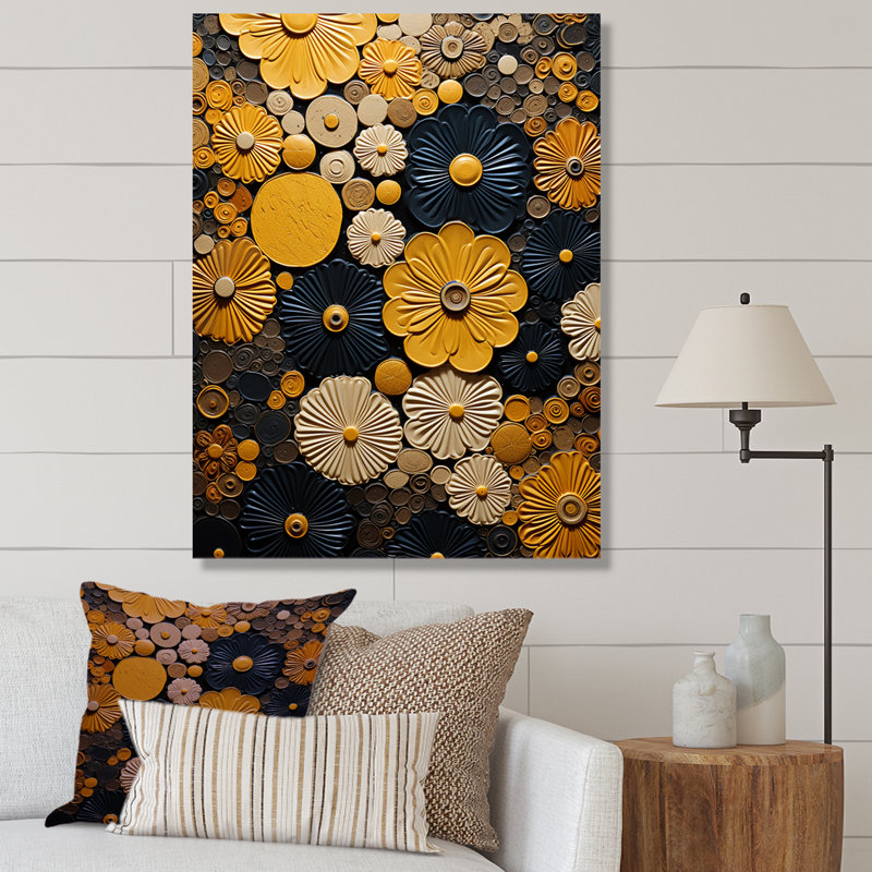 Fleurs jaunes, poterie sur toile, Toile tendue, H 40 po x l 30 po x P 1,5 po