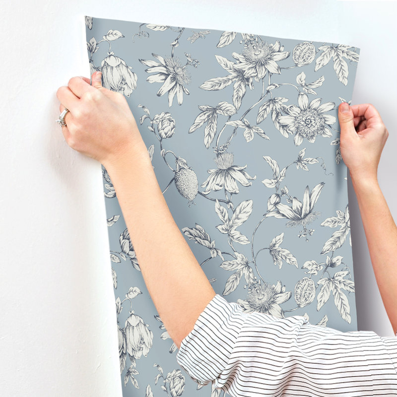 Passion Flower Toile Floral Wallpaper Roll, Sky Blue