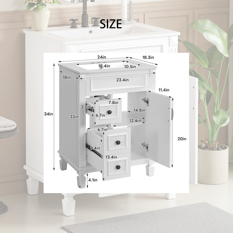 Ensemble de meuble-lavabo simple 24 po avec plateau en céramique et fermeture en douceur Nom français, Blanc / Blanc