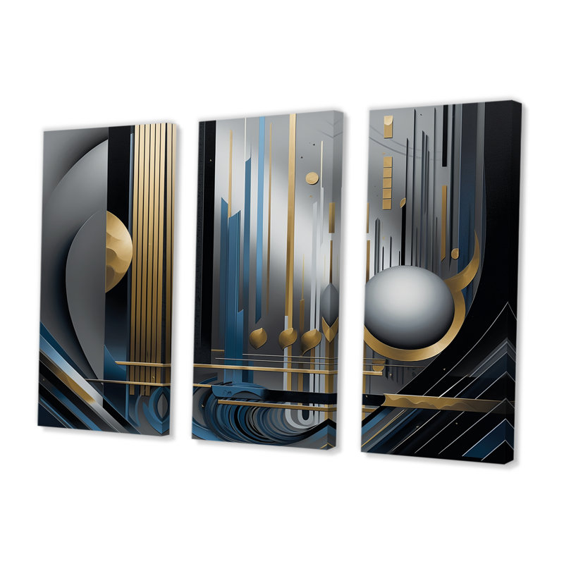Minimal Tech Blue Silver Sphere - Ensemble de décorations murales géométriques, Toile tendue, H 32 po x l 48 po x P 1 po