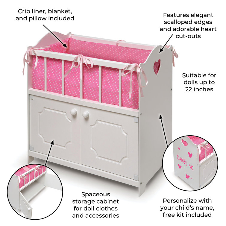 Badger Basket Cabinet Doll Crib with Gingham Bedding, Musical