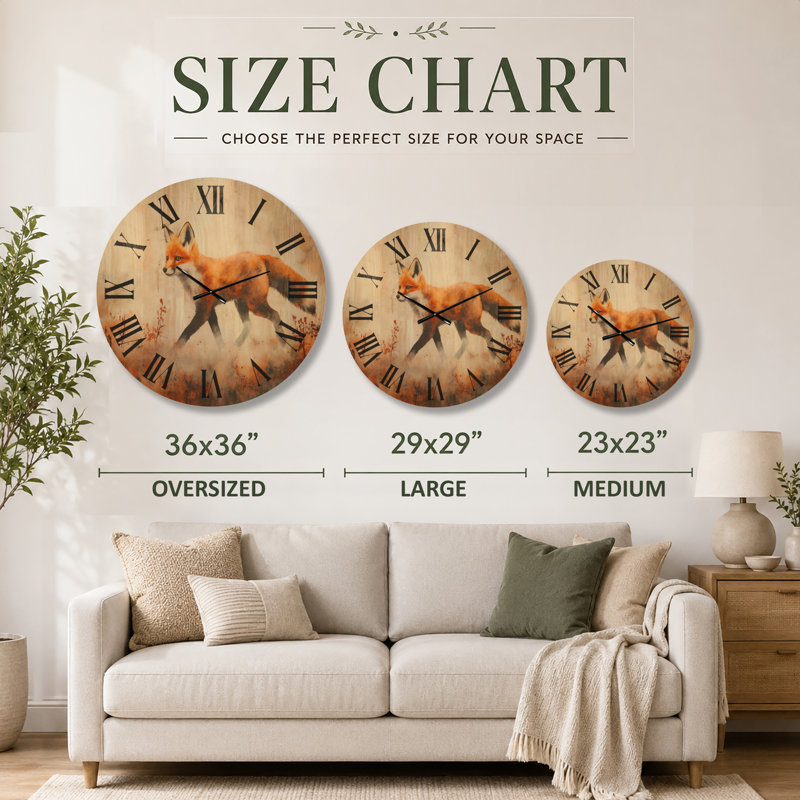 Reproduction d'horloge murale faune en bois - Petit renard en automne, Medium