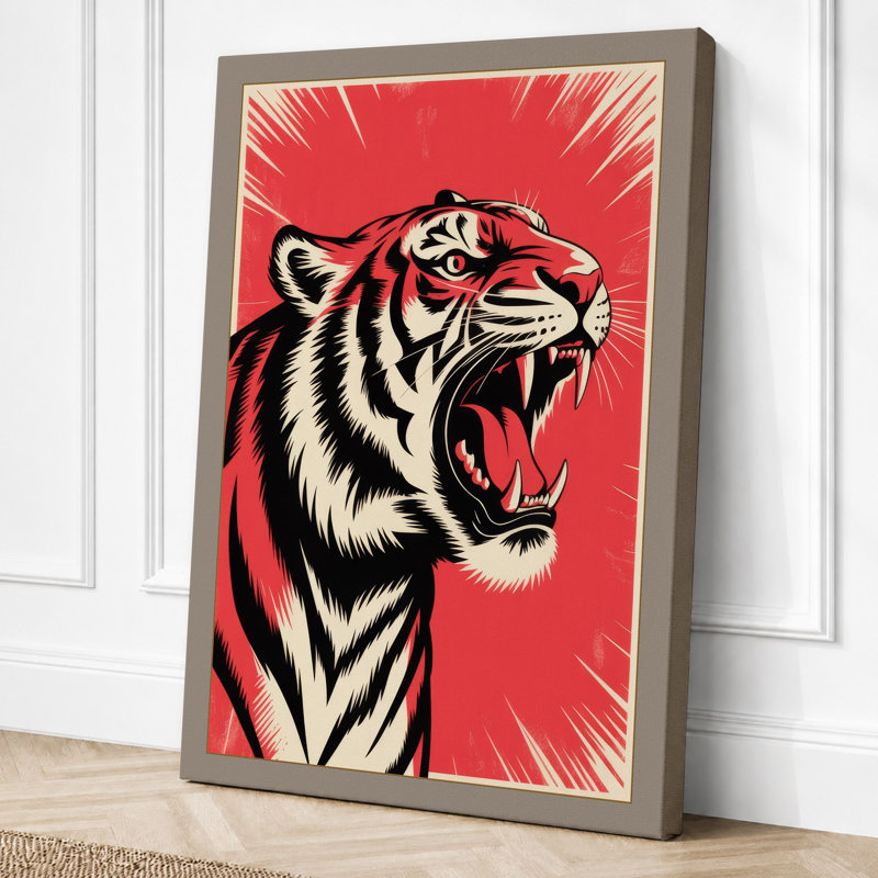 Roaring Tiger Graphic - Print, 24x16 - 61.0 x 40.6 cm, Taupe Border