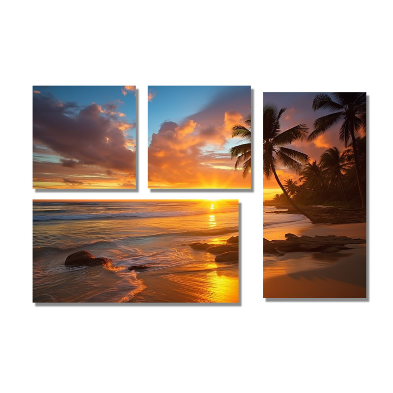 Photo de plage coucher de soleil Serenade douzième - art mural côtier jaune 4 panneaux, Toile tendue, Ne s’applique pas