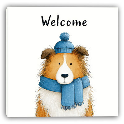 Welcome Dog in Blue Scarf - Wrapped Canvas Wall Art