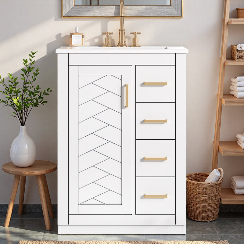 Meuble-lavabo avec lavabo en céramique, 1 armoire et 3 tiroirs, Blanc
